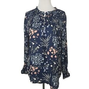 Westport Blue Floral Smocked Chiffon Long Sleeve Blouse Top Medium M